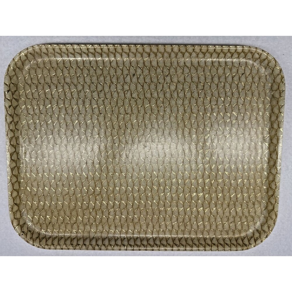 Vintage Gold Basketweave Serving Tray Cream Faux Wicker Mid Century Decor